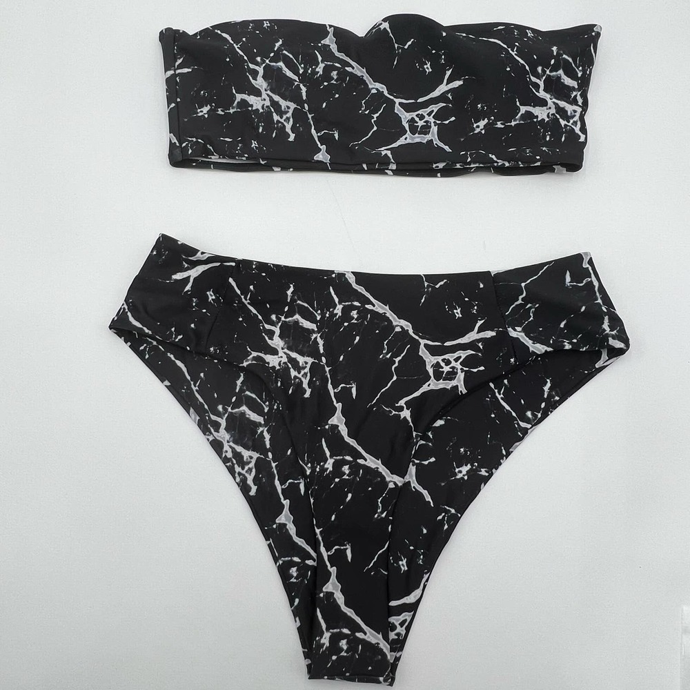 NEW SHEIN Bikini Large Marble Pattern Bandeau High Waisted Swimsuit Two Piece 10